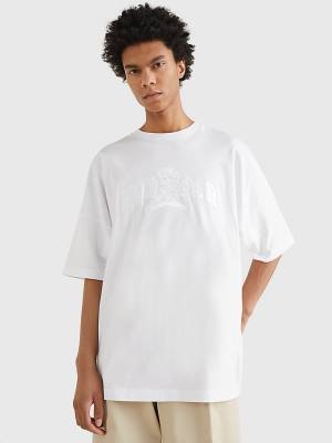 Camiseta Tommy Hilfiger Crest Organic Algodon Varsity Hombre Blancas | TH716ZSQ