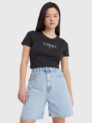Camiseta Tommy Hilfiger Essential Logo Skinny Fit Mujer Negras | TH962ZAX