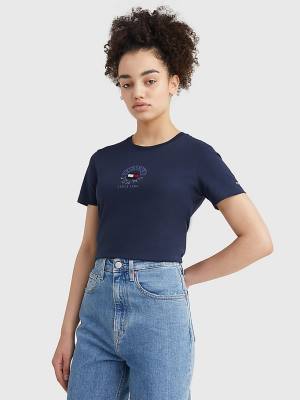 Camiseta Tommy Hilfiger Logo Embroidery Slim Fit Mujer Azules | TH381FCS