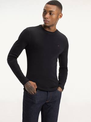 Camiseta Tommy Hilfiger Long Sleeved Ribbed Organic Algodon Hombre Negras | TH192ZFH