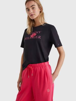 Camiseta Tommy Hilfiger Organic Algodon Floral Print Mujer Negras | TH937ZBQ
