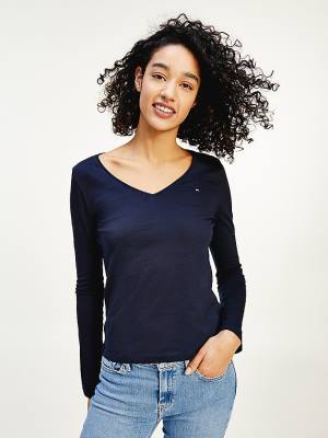 Camiseta Tommy Hilfiger Organic Algodon Long Sleeve V-Neck Mujer Azules | TH958HJA