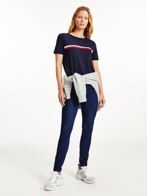 Camiseta Tommy Hilfiger Signature Tape Crew Neck Mujer Azules | TH371MZX