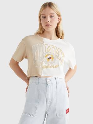 Camiseta Tommy Hilfiger Spliced Logo Cropped Mujer Beige | TH901HPL