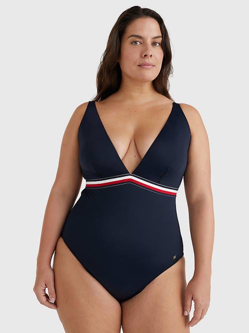 Bañadores Tommy Hilfiger Curve Signature Tape One Piecesuit Mujer Azules | TH286IFU