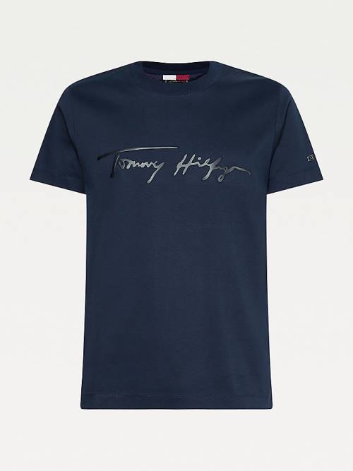 Camiseta Tommy Hilfiger Elevated Signature Organic Algodon Hombre Azules | TH943VES