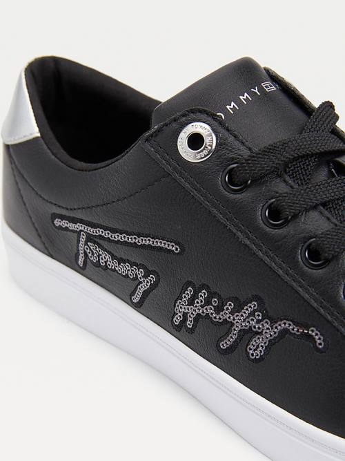 Zapatillas Tommy Hilfiger Essential Signature Sequin Cupsole Cuero Mujer Negras | TH748LIC